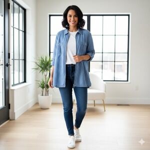 Vintage Womens Size 22/24W Denim Plaid Zipper Front Shirt Jean Jacket 90s Boho